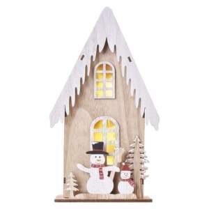 EMOS LED dekor. drevená – dom so snehuliakmi, 28,5 cm, 2x AA, vnútorná, teplá biela, časovač, 1550000077