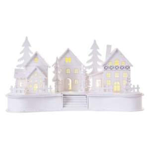 EMOS LED dekorácia drevená biela – dedinka, 16 cm, 2x AA, vnútorná, teplá biela, časovač, 1550000080